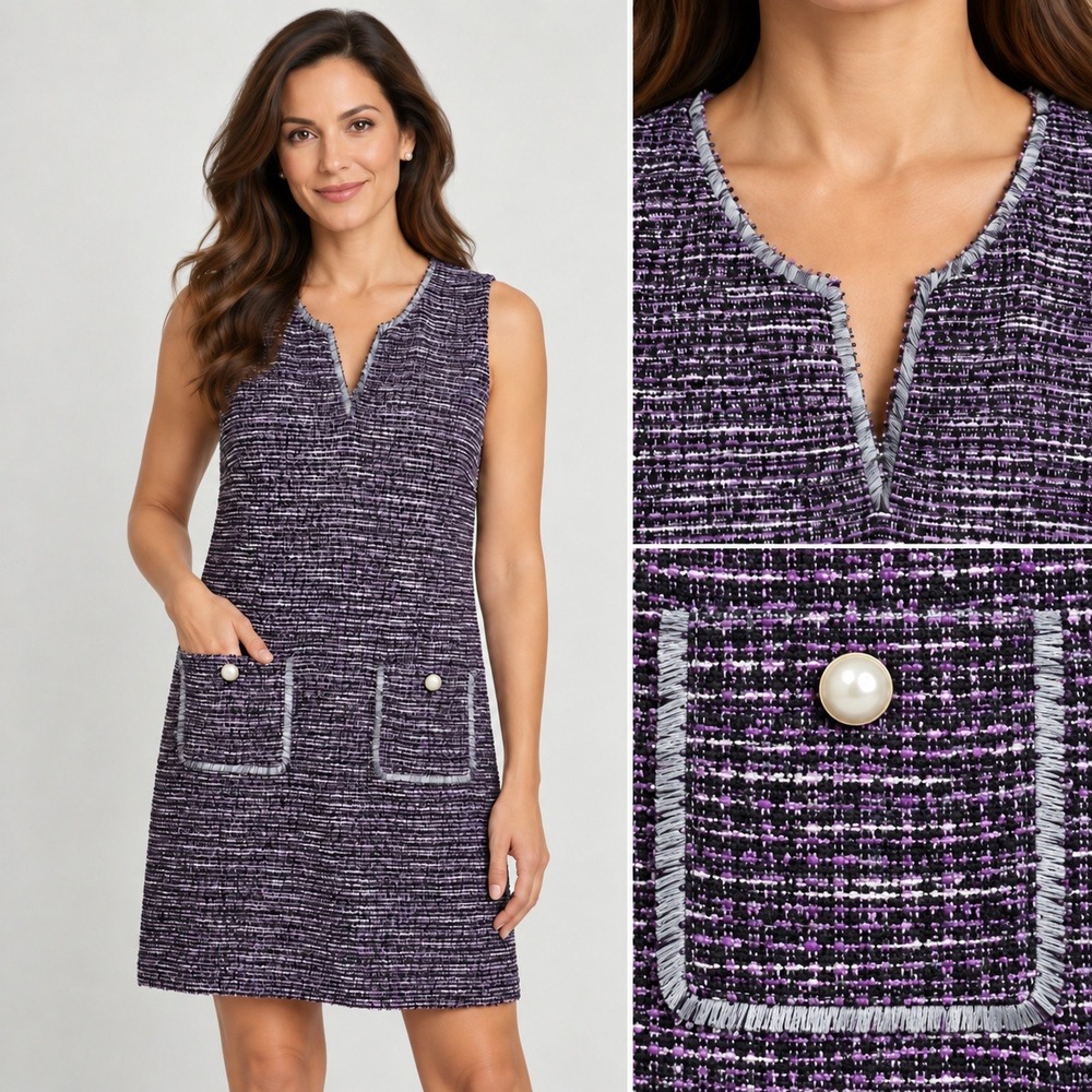 Karl Lagerfeld Tweed Shift Dress Purple Faux Pearl Pockets WMS 12 Old Money